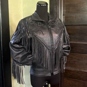 Black Leather Jacket with Fringe